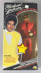 1984 Michael Jackson Doll Thriller Outfit in Original Box: New in original LJN box. Box has edge wear. Superstar of the 80s. Box measures 14 x 7 1/4 x 2 1/2 inches.