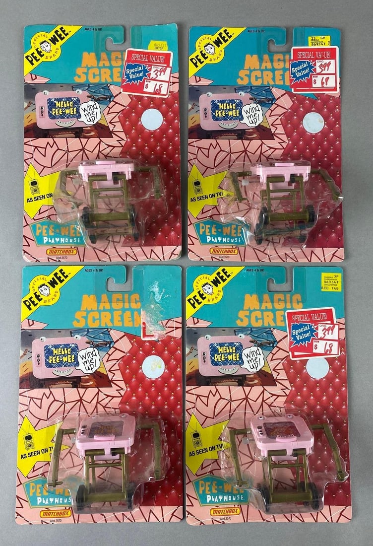 Group of 1988 Pee-Wees Playhouse Magic Screen Wind-Up Toys: 4 total items, new in original Matchbox boxes. Each box has edge and surface wear. Each box measures 10 x 6 1/2 x 3 inches.