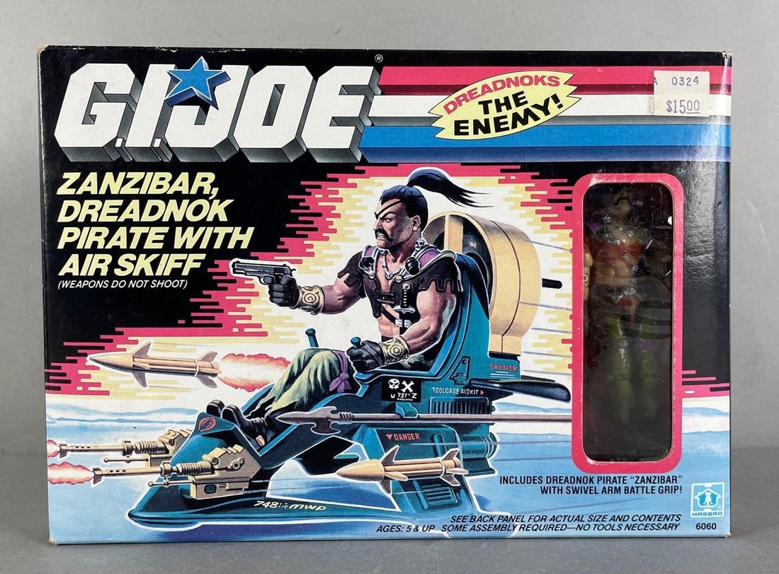 1987 Hasbro G.I. Joe Zanzibar Dreadnok Pirate with Air Skiff: Original packaging measures 6 1/2 x 9 x 2 1/2 inches