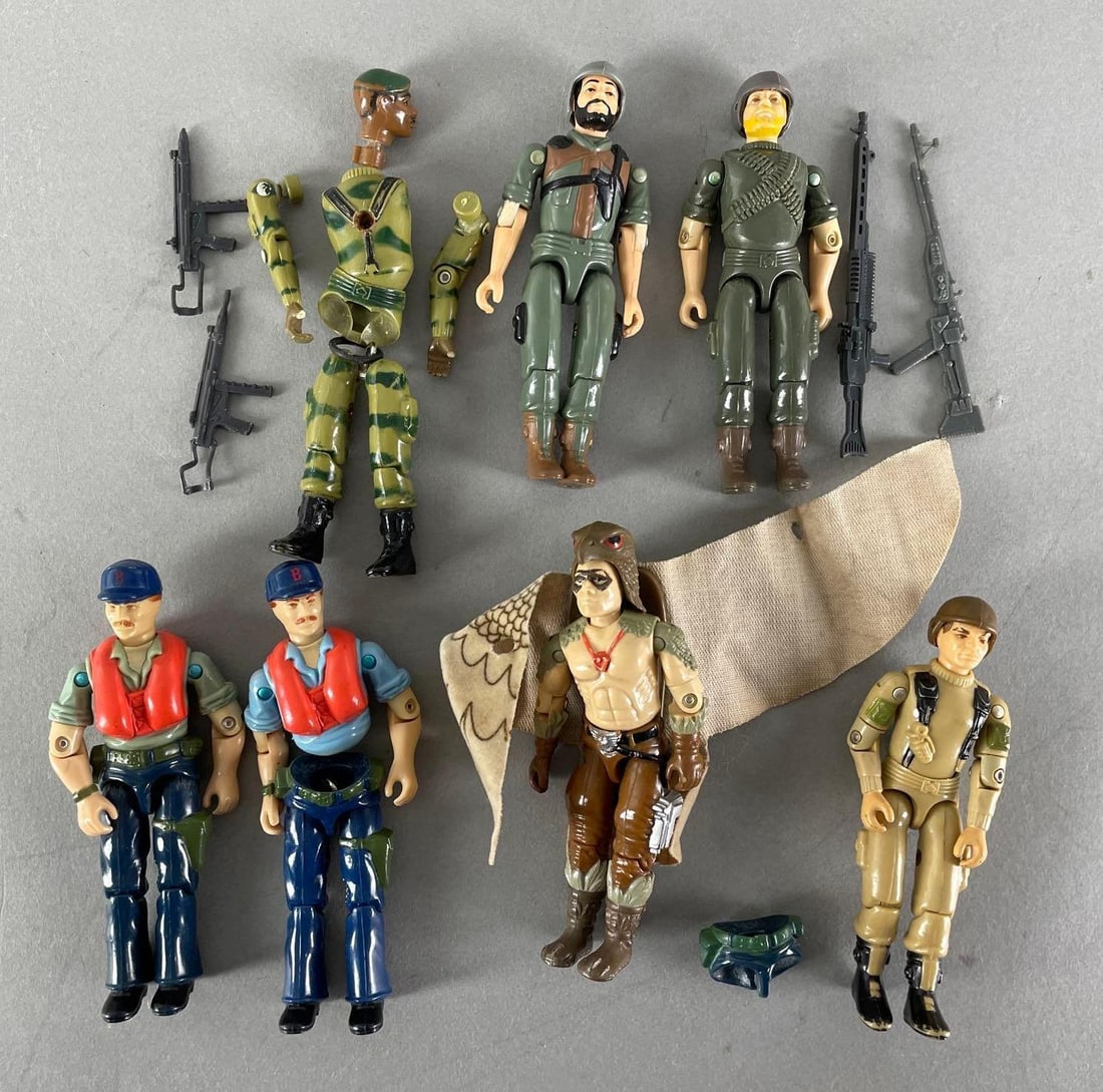 Group of 7 Hasbro G.I. Joe Action Figures: 1980s, used condition, 3 3/4 inches. One is for parts, includes guns