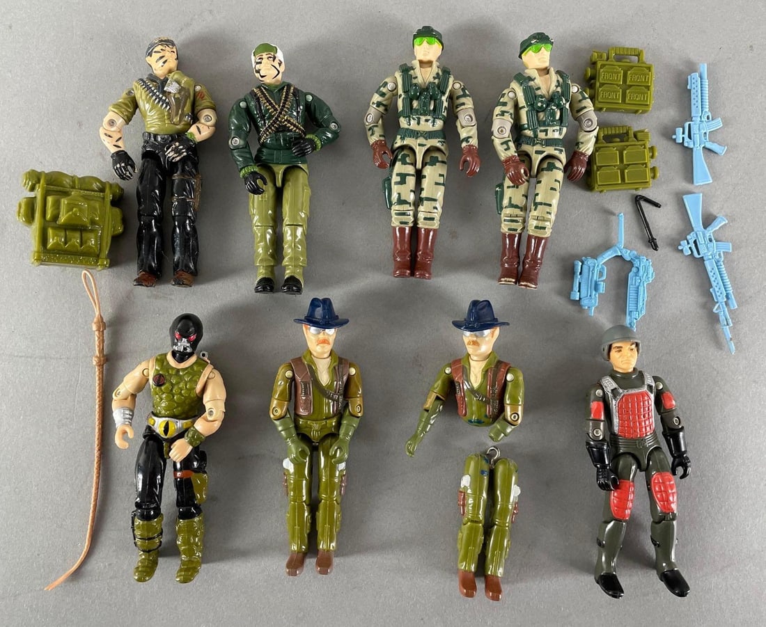 Group of 7 Hasbro G.I. Joe Action Figures: 1980s, used condition, 3 3/4 inches. Includes accessories