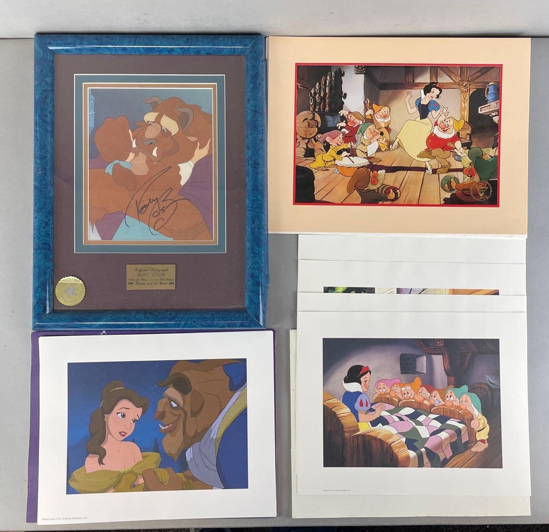 Group of 10 Walt Disney Lithographs: Includes Robby Benson signed beauty and the beast, Snow White and the Seven Dwarfs, beauty and the beast folders . Signed litho measures 8 x 10 inches, frame measures 18 x 14 inches