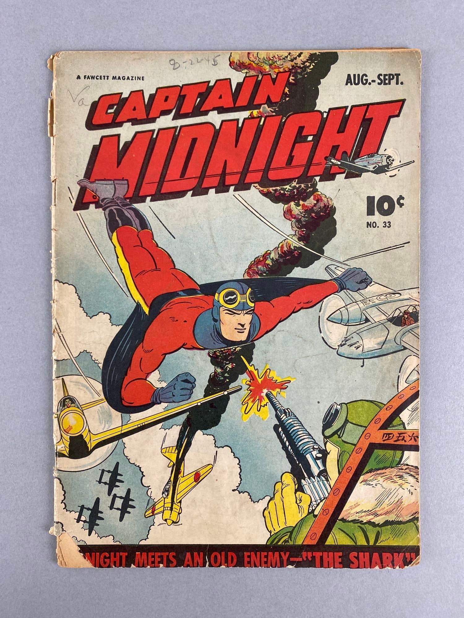 Fawcett Comics Captain Midnight No. 33: August-September 1945, Golden Age, $.10, Bagged and boarded, Several tears along spine, Bottom left front corner missing, Estimated grade 3.5.