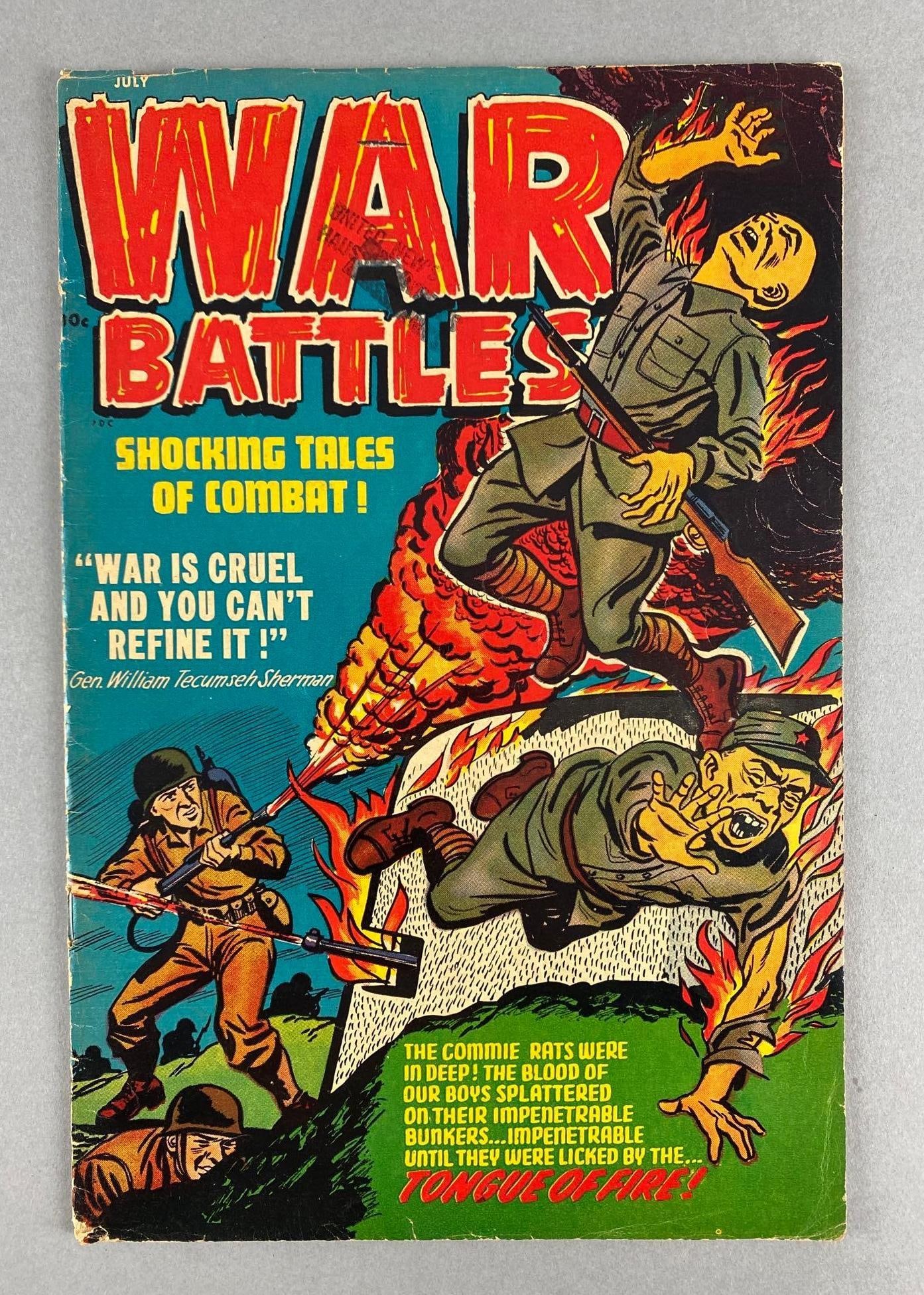 Family Comics War Battles No. 5: Flame thrower cover art, July 1952, Golden Age, $.10, Bagged and boarded, Estimated grade 5.0.
