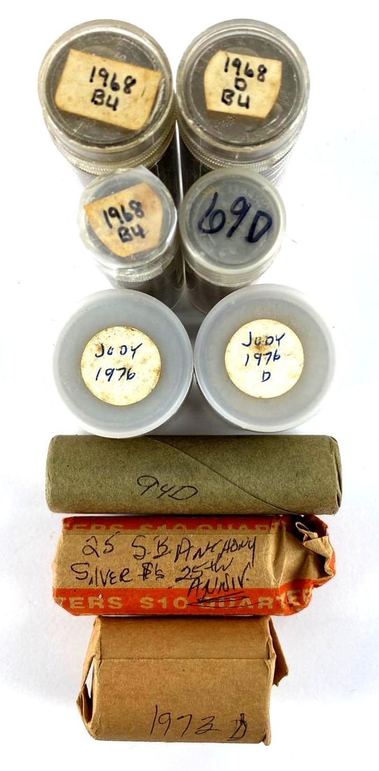 Group of (9) BU Rolls of US Coins: includes 2 rolls of 1968 Washington Quarters, 2 rolls of 1968 and 1969 D Roosevelt Dimes, 2 rolls of 1976 Eisenhower Dollars, 1994 D Jefferson Nickels, 1973 D Kennedy Half Dollars, and 1980 Susan B. A