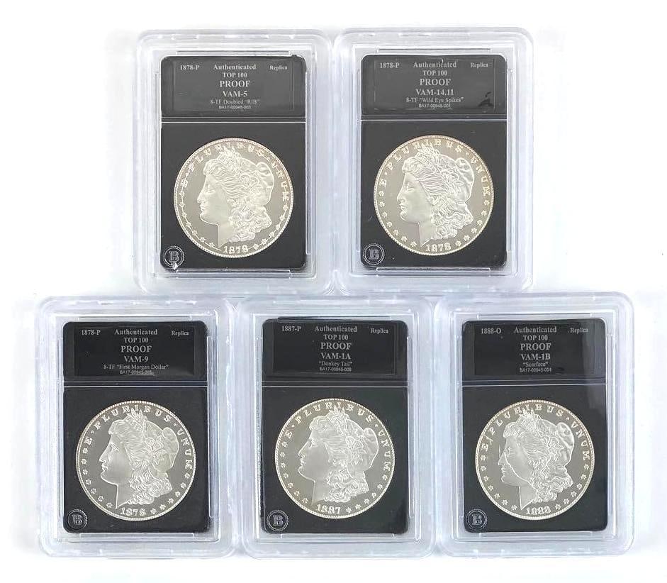 Group of (5) Authenticated Proof Morgan Silver Dollar Replicas (1 of 2)