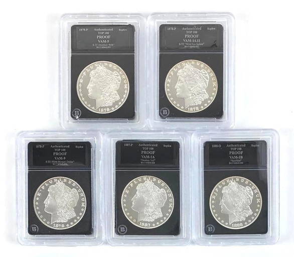 Group Of (5) Authenticated Proof Silver Dollar Replicas