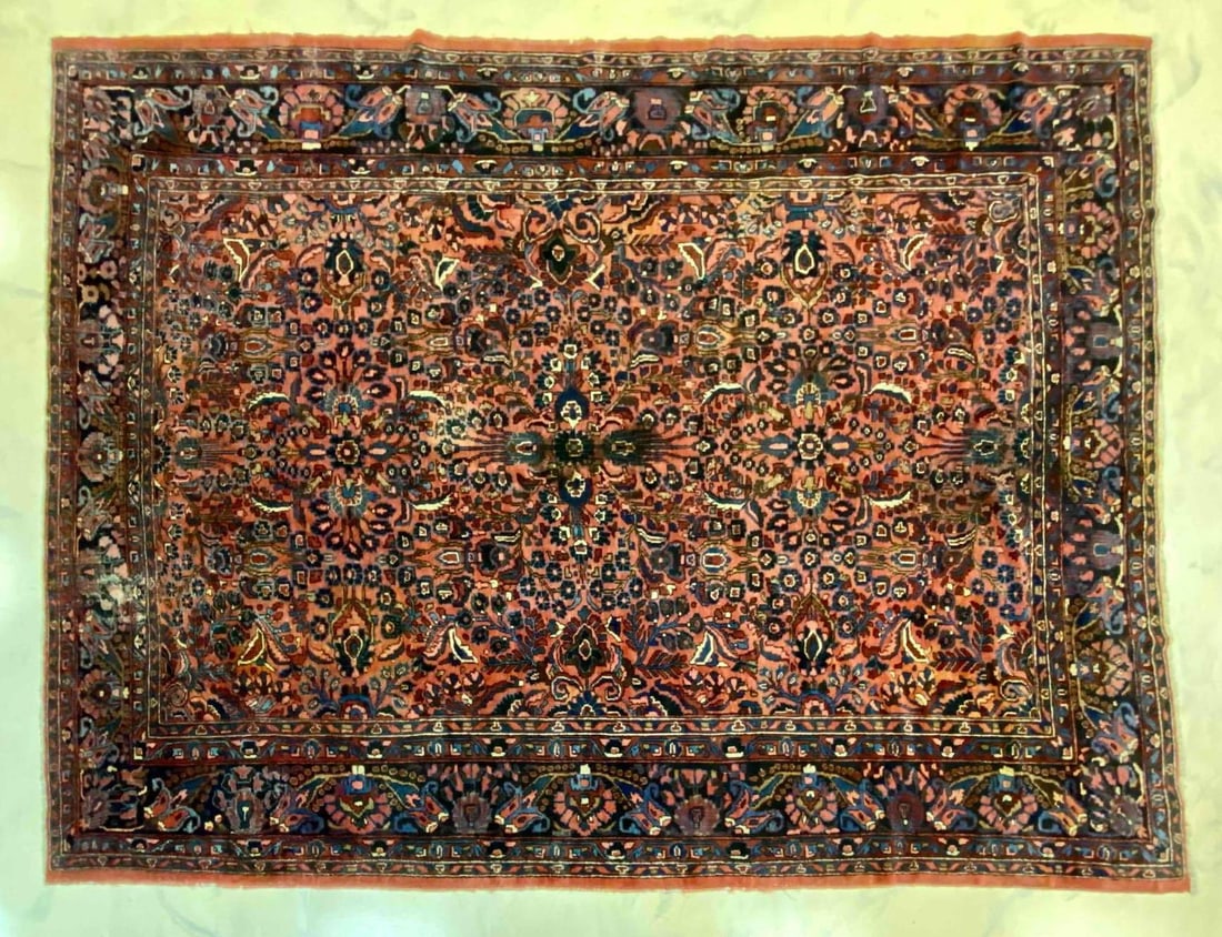 Large Vintage Persian Area Rug: NO IN-HOUSE SHIPPING AVAILABLE. 3rd party shipping would need to be arranged by buyer. Some small stains and threadbare patches, Measures 102 x 140 inches.