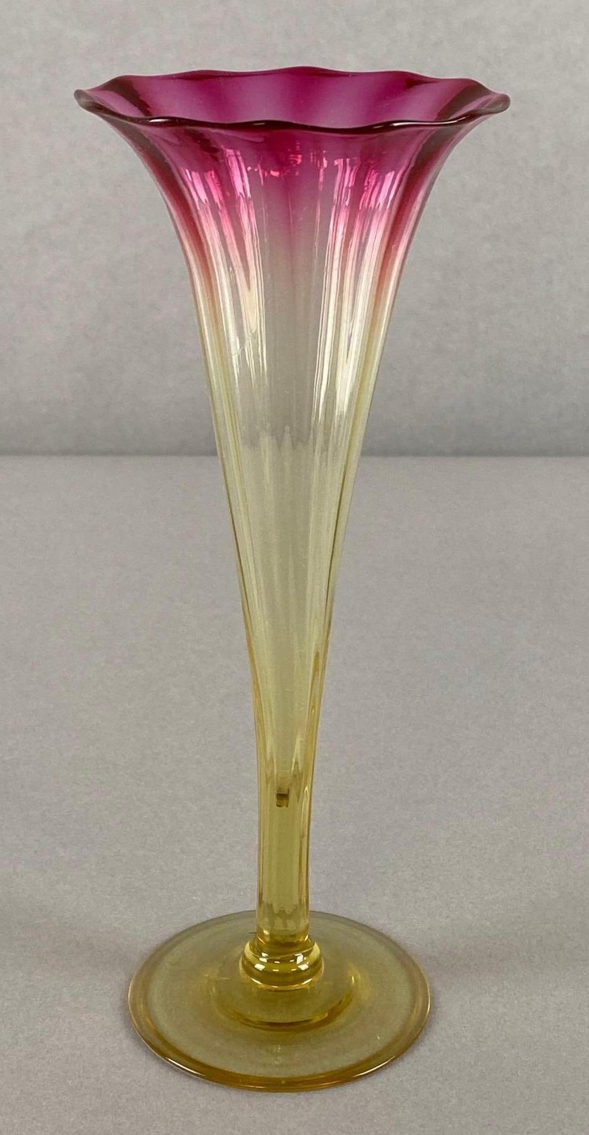 Amberina Art Glass Trumpet Lilly Vase: Numbers 80 - 85 written on base, Measures 8 1/4 x 3 1/4 x 3 1/4 inches.