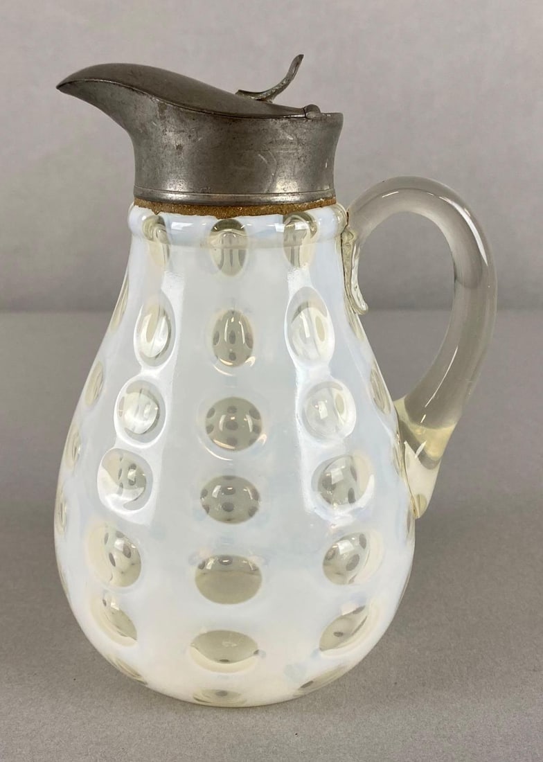 Northwood White Cut to Clear Glass Dot Syrup: With applied clear glass handle, Measures 6 x 4 x 3 1/2 inches.