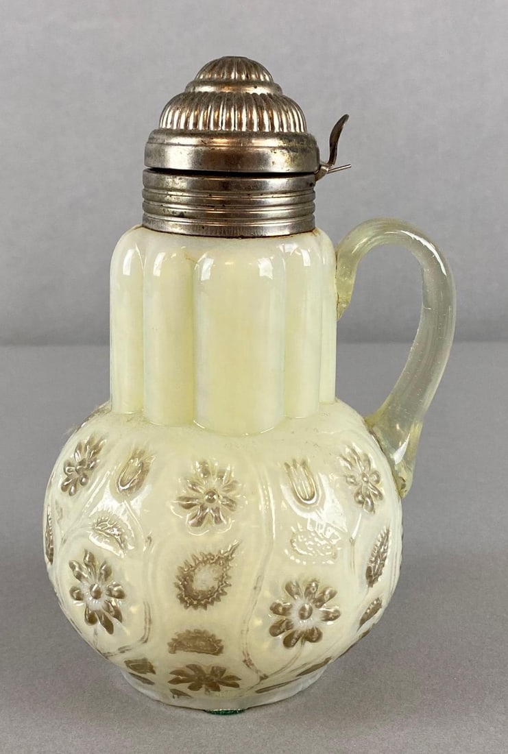 Findlay Ivory Onyx Syrup with Platinum Luster Floral Decoration: With applied opalescent handle, Spring top, Measures 7 x 4 1/2 x 4 inches.