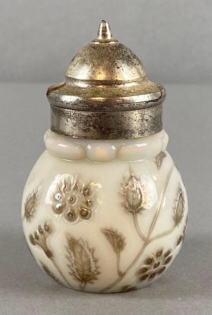Findlay Ivory Onyx Glass Mustard with Platinum Floral Motif: Some tarnishing on top piece, Measures 4 x 2 1/2 x 2 1/2 inches.