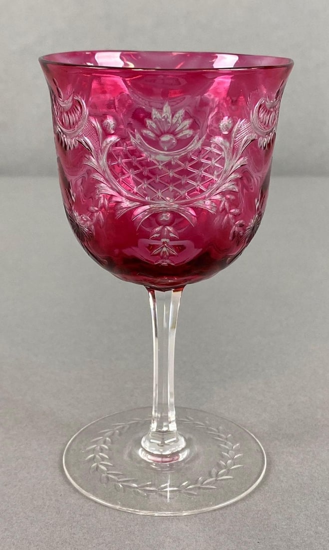 Dorflinger Cranberry to Clear Cut Glass Stemware: Garland motif, Measures 4 3/4 x 2 1/2 x 2 1/2 inches.