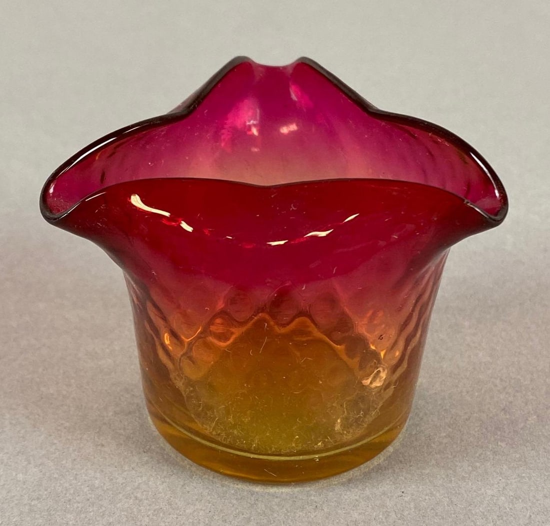 Amberina Glass Toothpick Holder: Measures 2 x 2 1/2 x 2 1/2 inches.