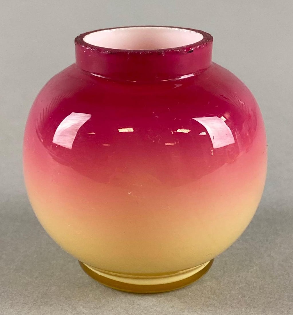 Hobbs Wheeling Peachblow Glass Toothpick Holder: Some fleabites along top rim, Measures 2 1/2 x 2 1/2 x 2 1/2 inches.