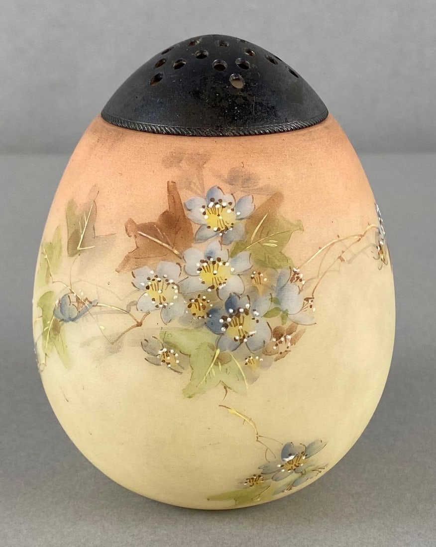 Mt. Washington Burmese Satin Glass Egg Shaped Shaker: Hand-painted floral motif, Measures 4 1/2 x 3 1/2 x 3 1/2 inches.