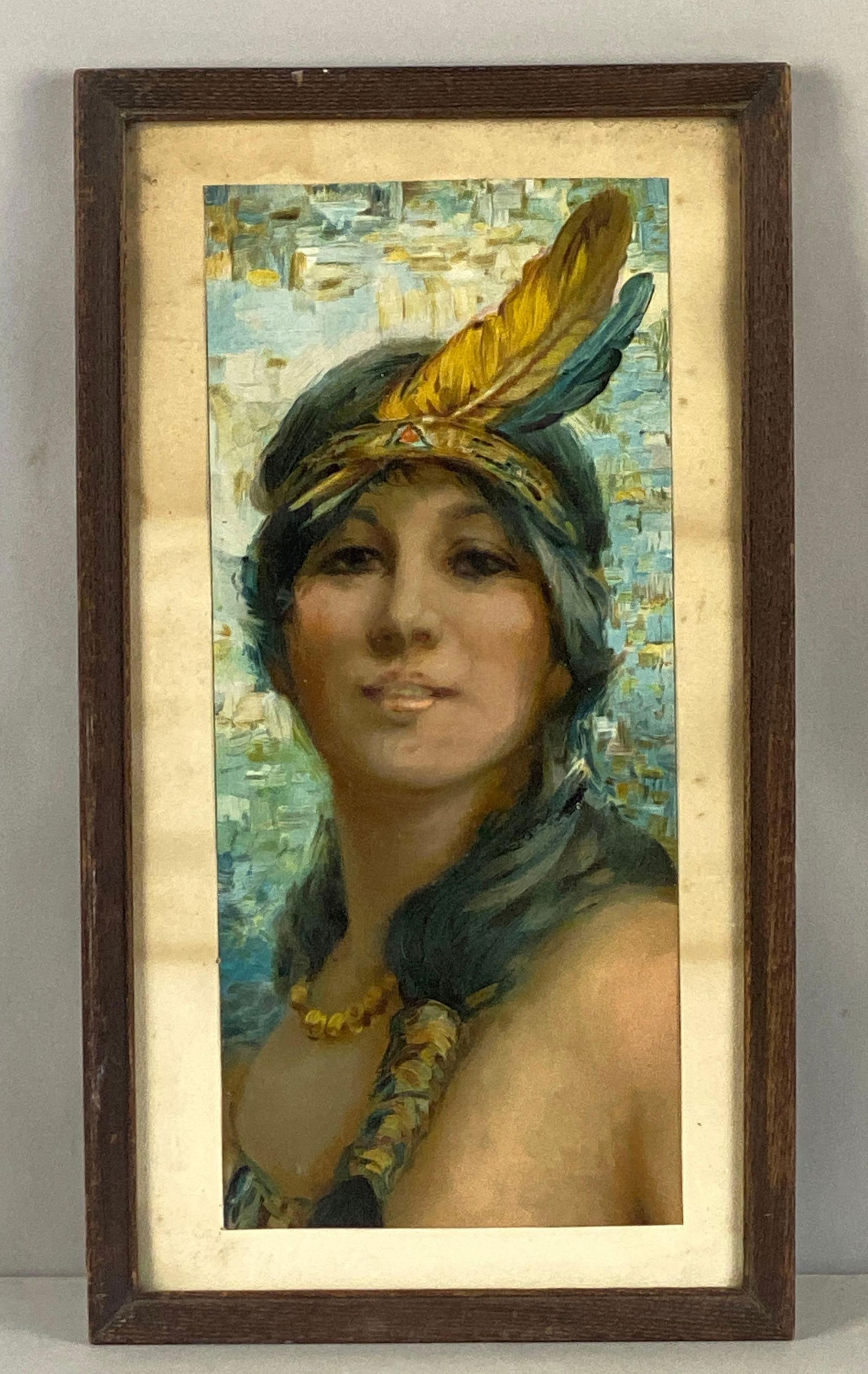 Antique Native American Maiden With Feather Headpiece Framed Lithograph: Wooden frame slight edge wear. Frame measures 19 x 10 1/2 inches. Litho measures 15 1/2 x 7 inches.