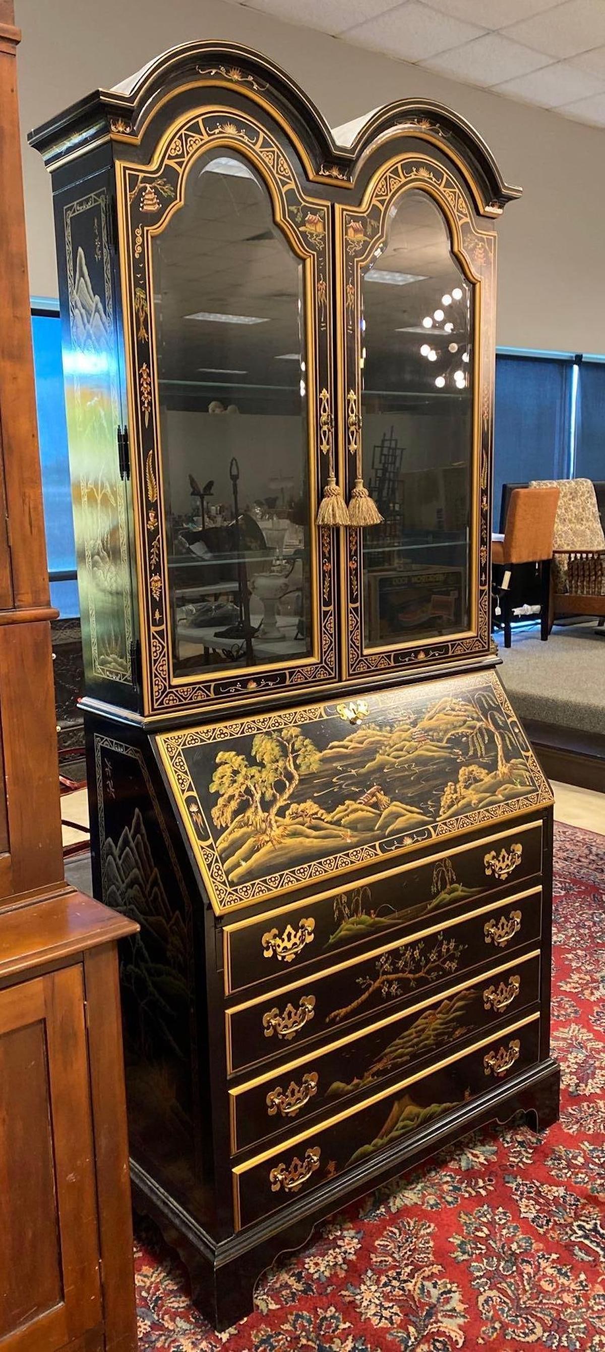 Black and Gold Asian Painted Secretary Desk: NO IN-HOUSE SHIPPING AVAILABLE. 3rd party shipping would need to be arranged by buyer. Hand painted detailing, With key, Lights mounted to inside of shelving section, Untested, Measures 80 x 34 x 16in
