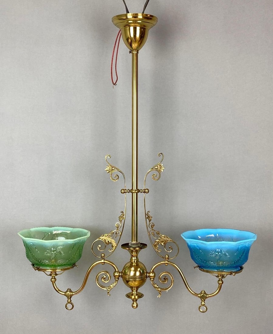 Victorian Brass Hanging Gas Chandelier With Blue and Green Pressed Glass Shades: Untested, 2 Arm Chandelier, Fitters measure 1/4 inches across, Measures 29 x 24 x 7 1/2 inches.