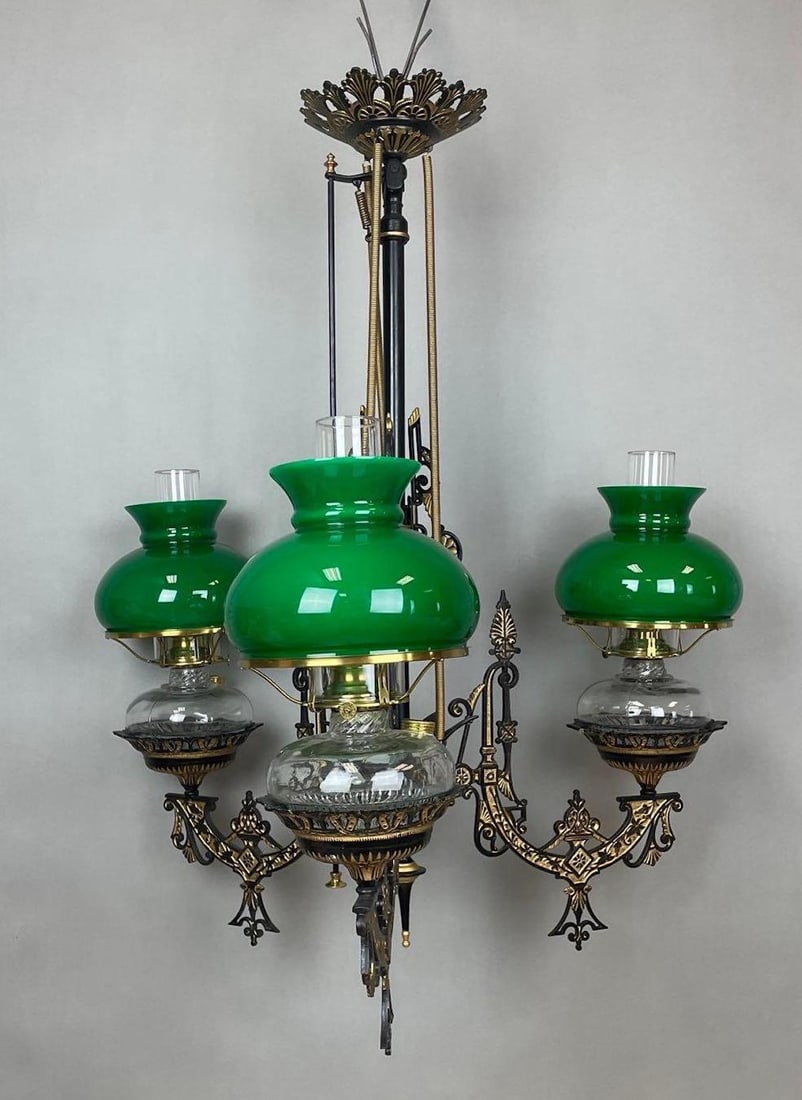 Victorian Cast Iron 3 Arm Chandelier with Student Glass Shades: Adjustable. Fitters measure 3 inches. Chandelier measures 35 x 29 inches