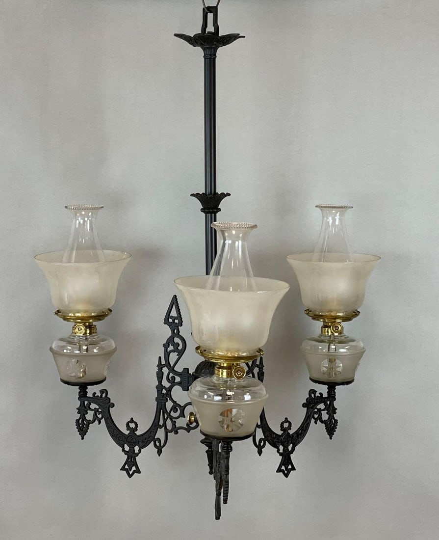 Victorian Cast Iron 3 Arm Chandelier with Frosted Glass Shades: Fitters measure 4 inches. Chandelier measures 33 x 26 inches
