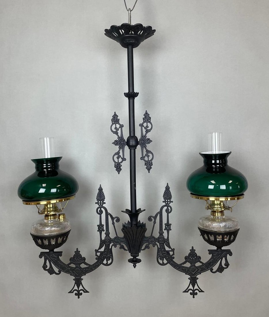 Victorian Cast Iron 2 Arm Chandelier with Student Glass Shades: Fitters measure 3 inches. Chandelier measures 36 x 31 inches