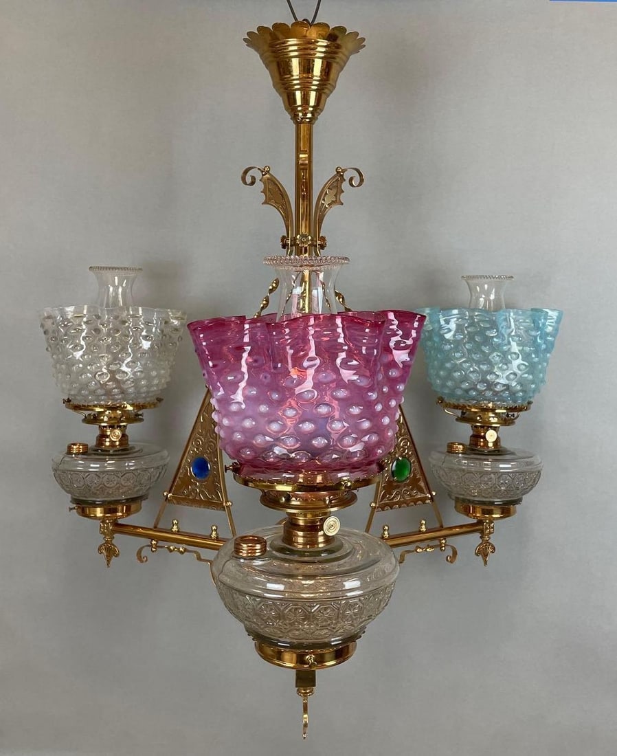 Victorian Brass 3 Arm Chandelier with Hobnail Glass Shades: Includes sockets for electric setup. Fitters measure 4 3/4 inches. Chandelier measures 29 1/2 x 29 1/2 inches