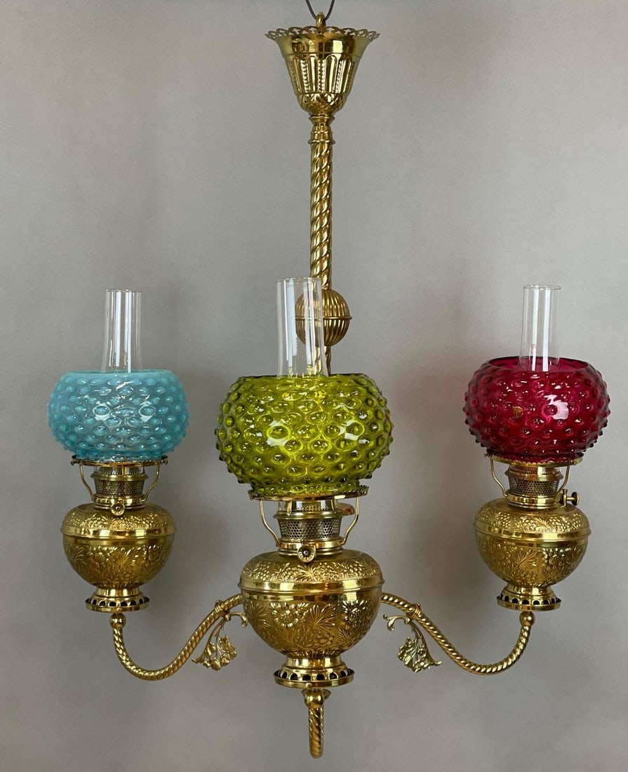 Victorian Brass 3 Arm Chandelier with Hobnail Glass Shades: Fitters measure 5 inches. Chandelier measures 34 x 30 inches