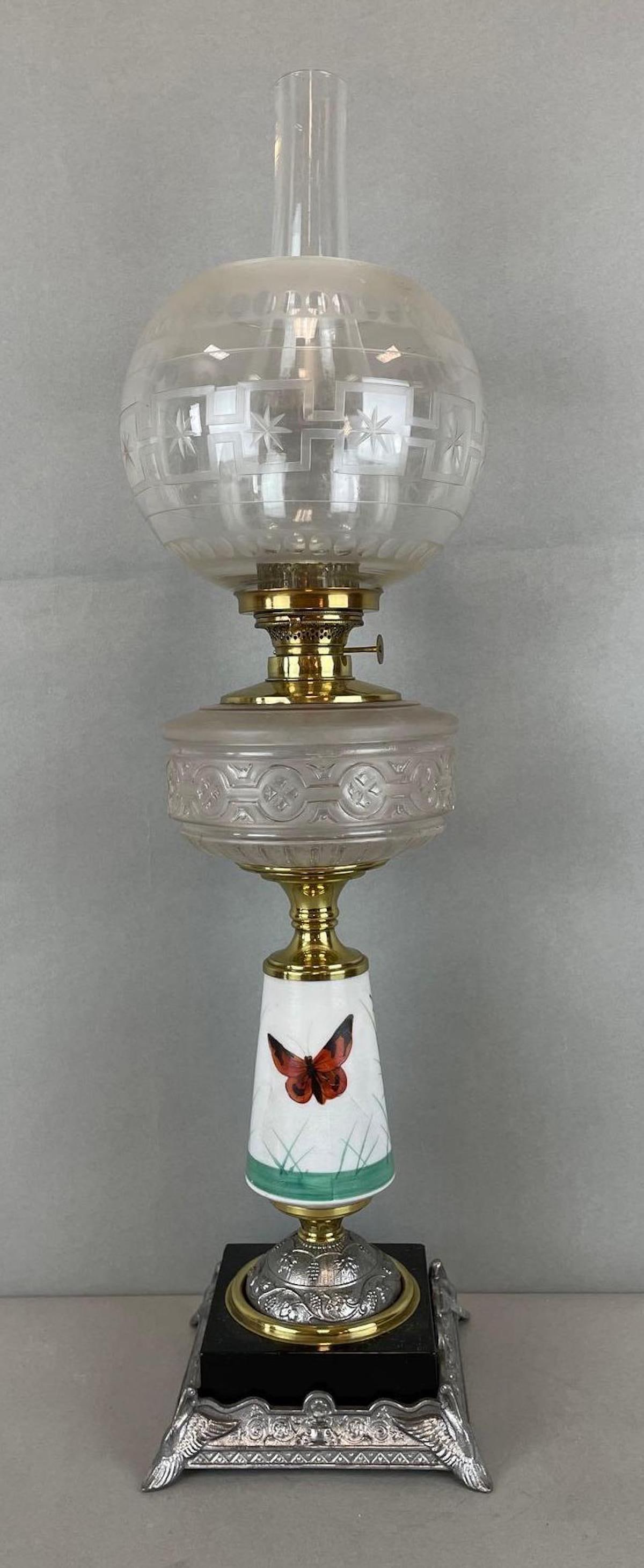 Victorian Hurricane Lamp with Etched Glass Shade: Press glass fount. Fitter measures 3 inches, lamp measures 26 1/2 inches tall
