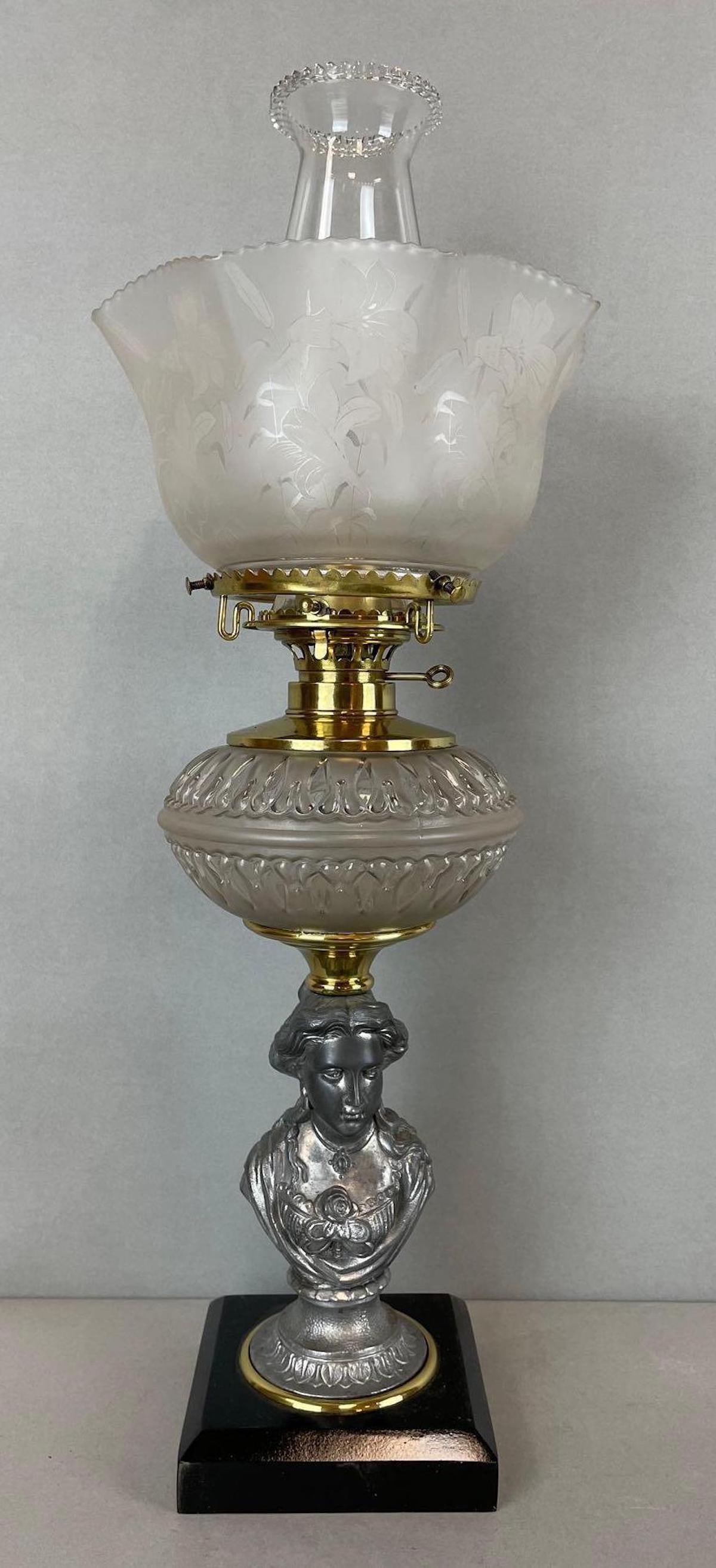 Victorian Figural Bronze Table Lamp with Etched Glass Floral Shade: Frosted cut glass fount. Fitter measures 4 inches, lamp measures 21 1/4 inches tall