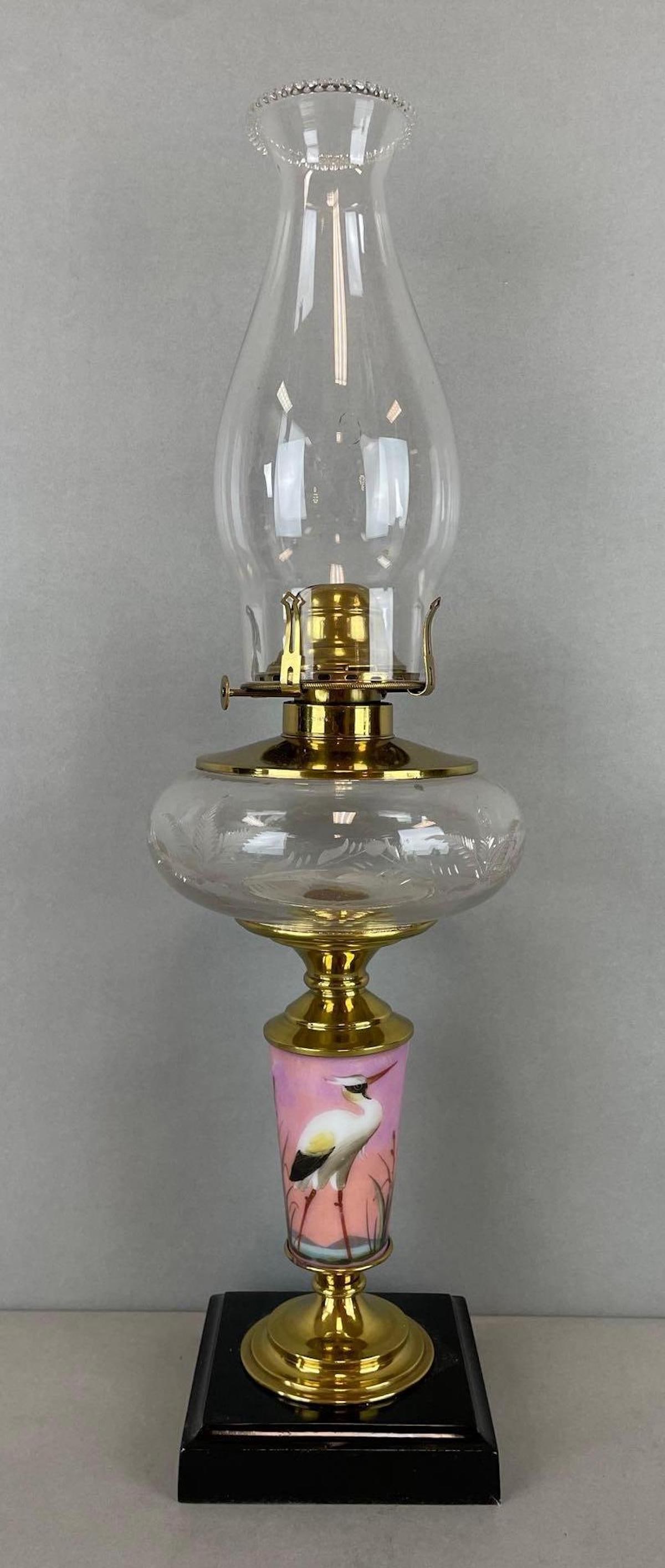 Victorian Oil Lamp with Etched Glass Fount: Painted glass bass. No. 2 Queen Anne. Fitter measures 2 3/4 inches, lamp measures 20 1/2 inches