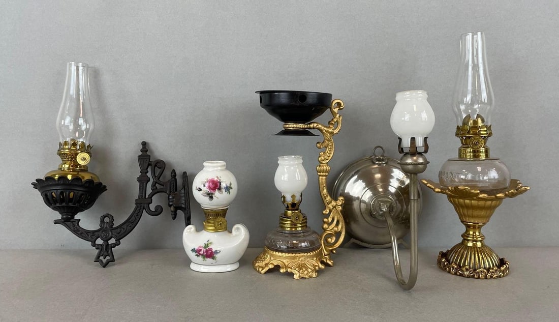 Group of 5 Victorian Miniature Oil Lamps: includes 2 wall mounted, oil scent warmer. Tallest brass lamp measures 8 1/2 inches