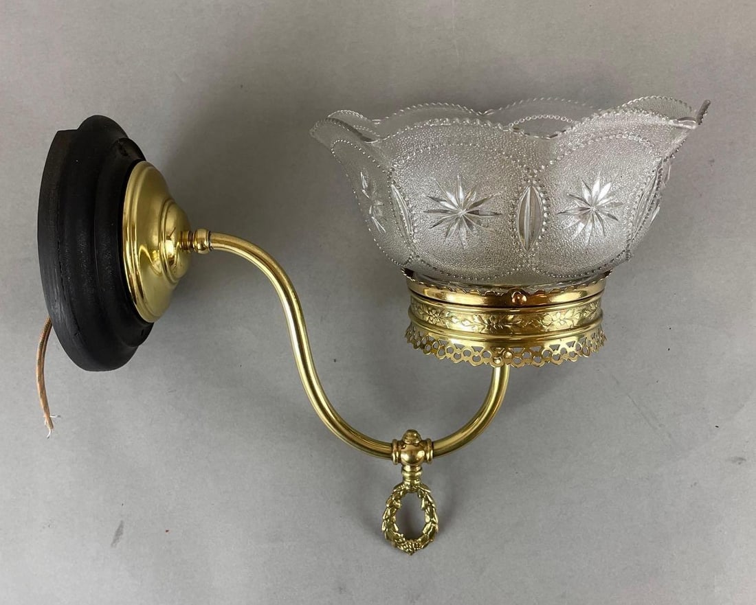 Victorian Brass Wall Sconce with Textured Pressed Glass Shade: Fitter measures 4 inches, 11 inches from wall, lamp is 9 inches tall