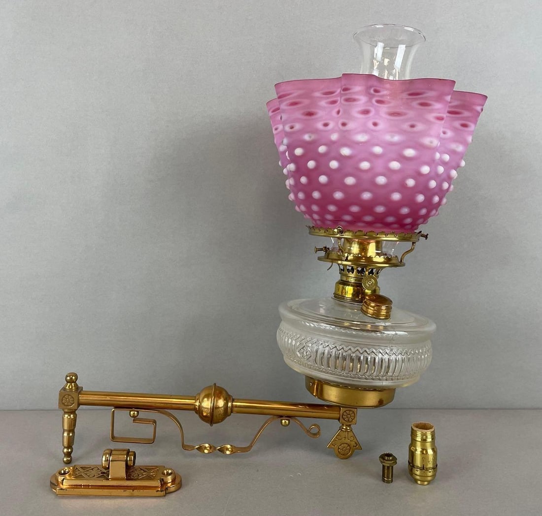 Victorian Brass Oil Wall Sconce with Hobnail Pink Satin Glass Shade: Includes socket for electric. Fitter measures 4 inches, 16 1/2 inches tall