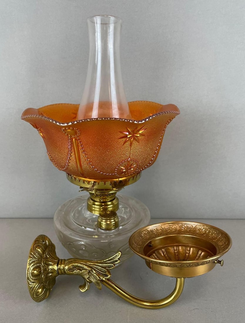 Victorian Brass Oil Wall Sconce with Textured Carnival Glass Shade: Fitter measures 3 3/4 inches, lamp measures 12 1/2 inches tall