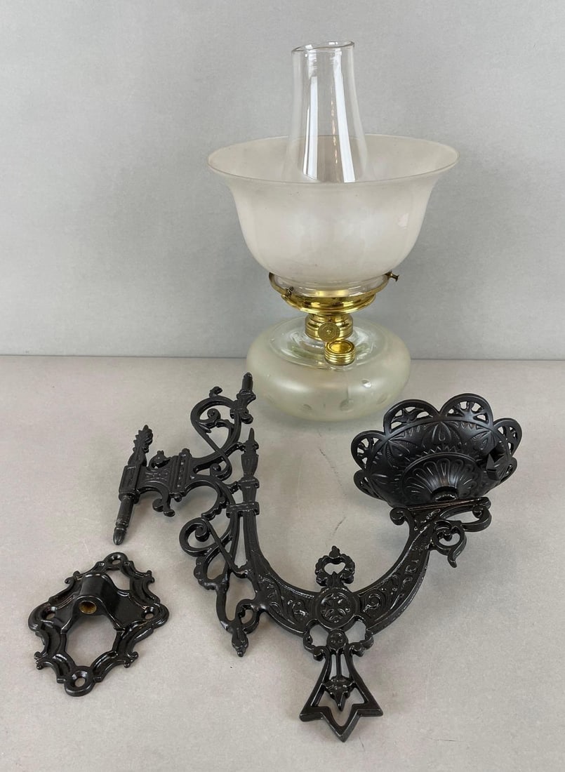 Victorian Cast Iron Oil Wall Sconce with Frosted Glass Shade: Fitter measures 3 3/4 inches, lamp measures 12 inches tall