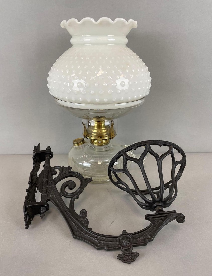 Victorian Cast Iron Oil Wall Sconce with Hobnail Milk Glass Shade: Fitter measures 2 3/4 inches, lamp measures 12 1/2 inches tall