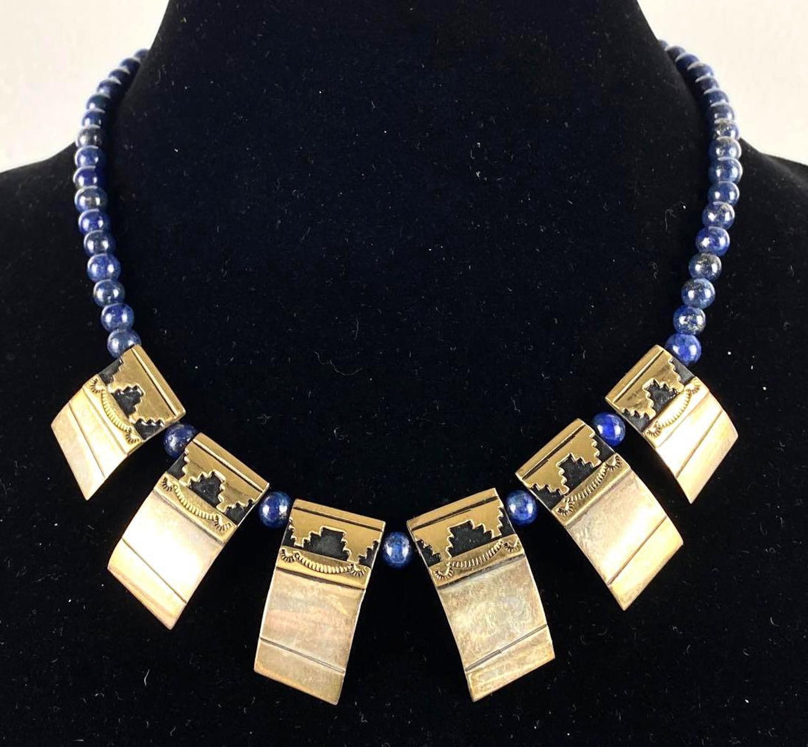 Signed Thomas Singer Sterling Silver Overlay Navajo Beaded Lapis Lazuli Necklace: Measures 18 1/4 inches long