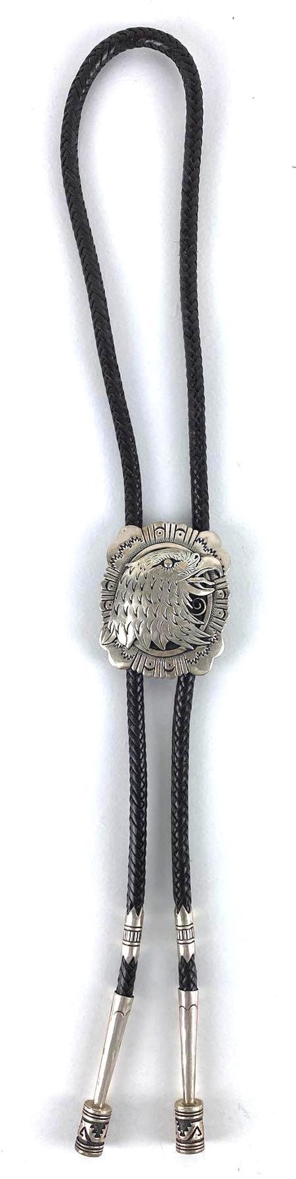 Signed Thomas Singer Sterling Silver Native American Bolo Tie: 132.5g, measures 44 inches long
