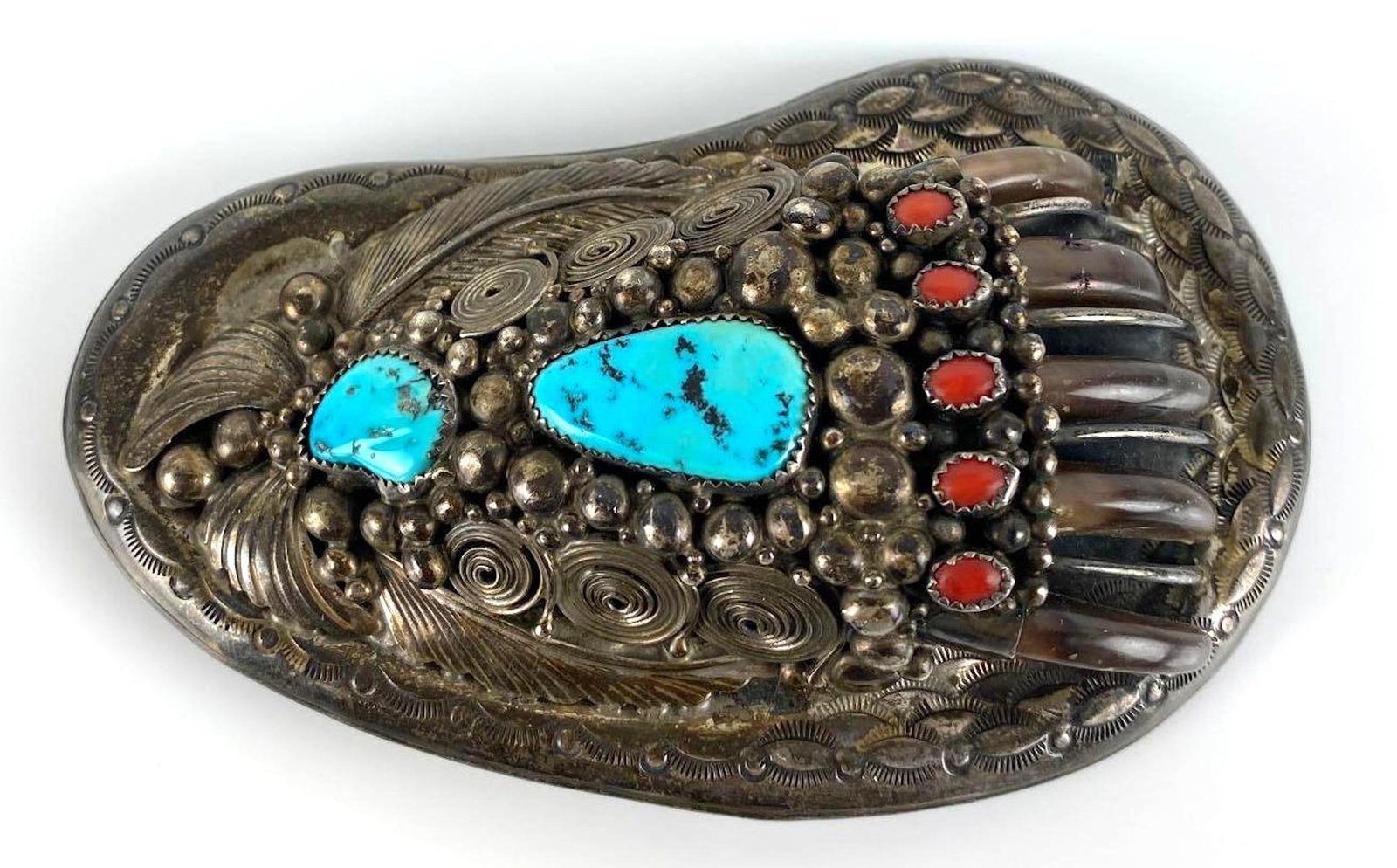 Signed J.S. Hand Made Navajo Turquoise, Coral and Bear Claw Belt Buckle: 125.1g, measures 4 1/2 x 3 x 1 3/8 inches