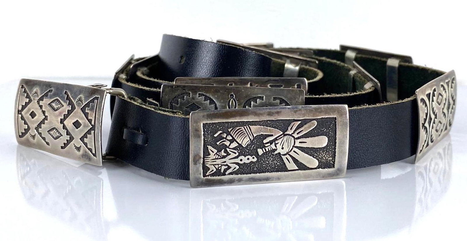 Signed Thomas Singer Sterling Silver Native American Storyteller Belt: Measures 46 1/4 inches long