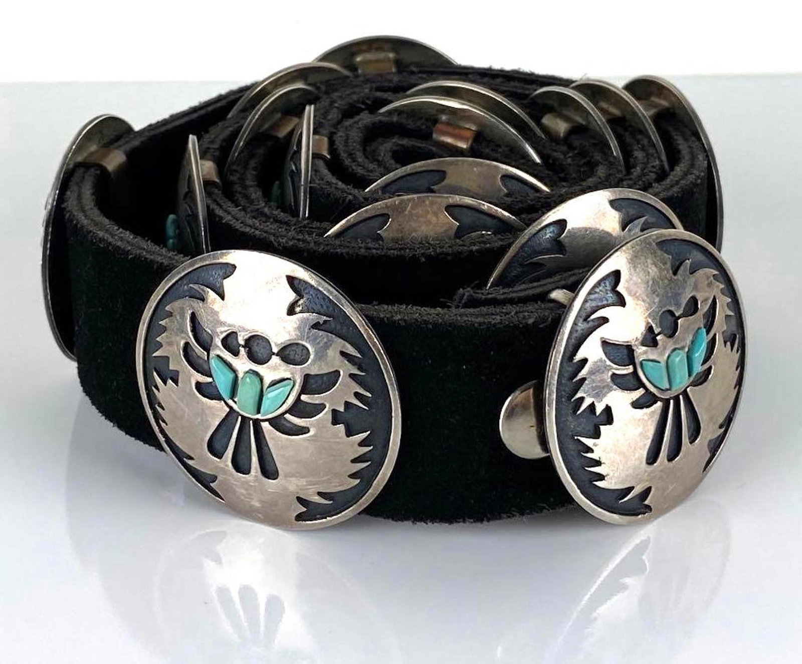 Signed Cecil Ashley Sterling Silver Navajo Turquoise Thunderbird Belt: Measures 38 3/4 inches long