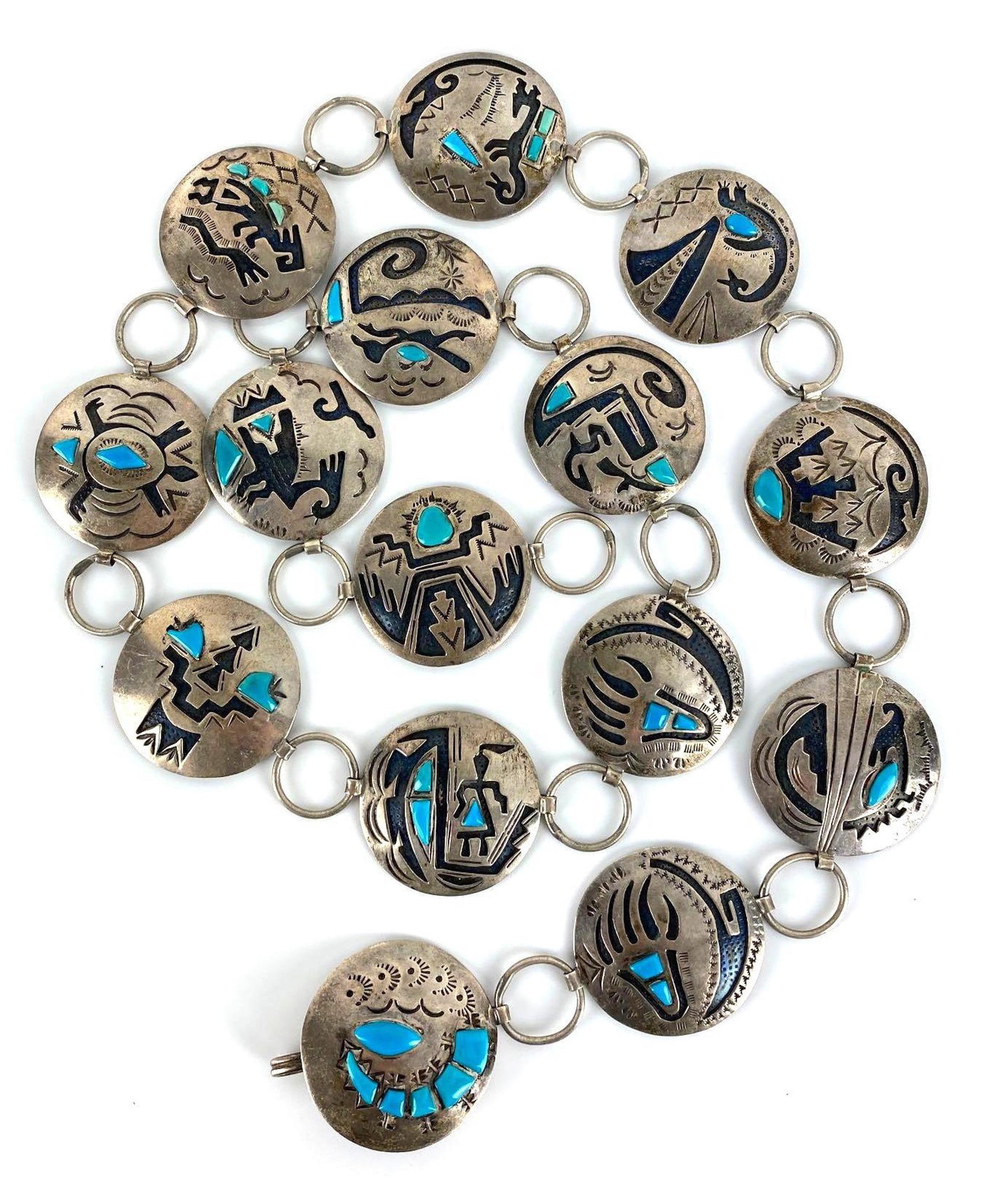Rare Sterling Silver Navajo Turquoise Storyteller Belt: Unmarked sterling, 193.6g, measures 34 inches long