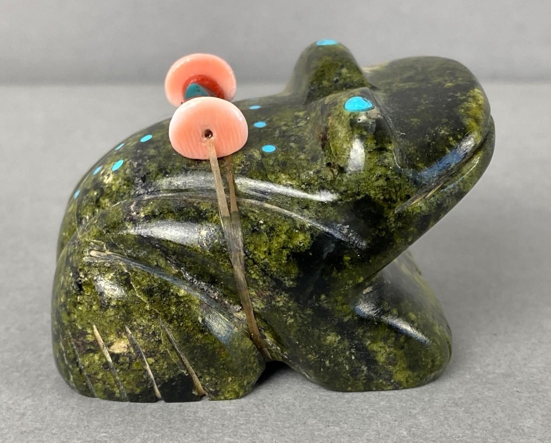 Northwest Coast Frog Fetish Carving w/ Turquoise Coral Shells: Measures 1 1/2 x 2 1/4 x 1 3/4 inches.