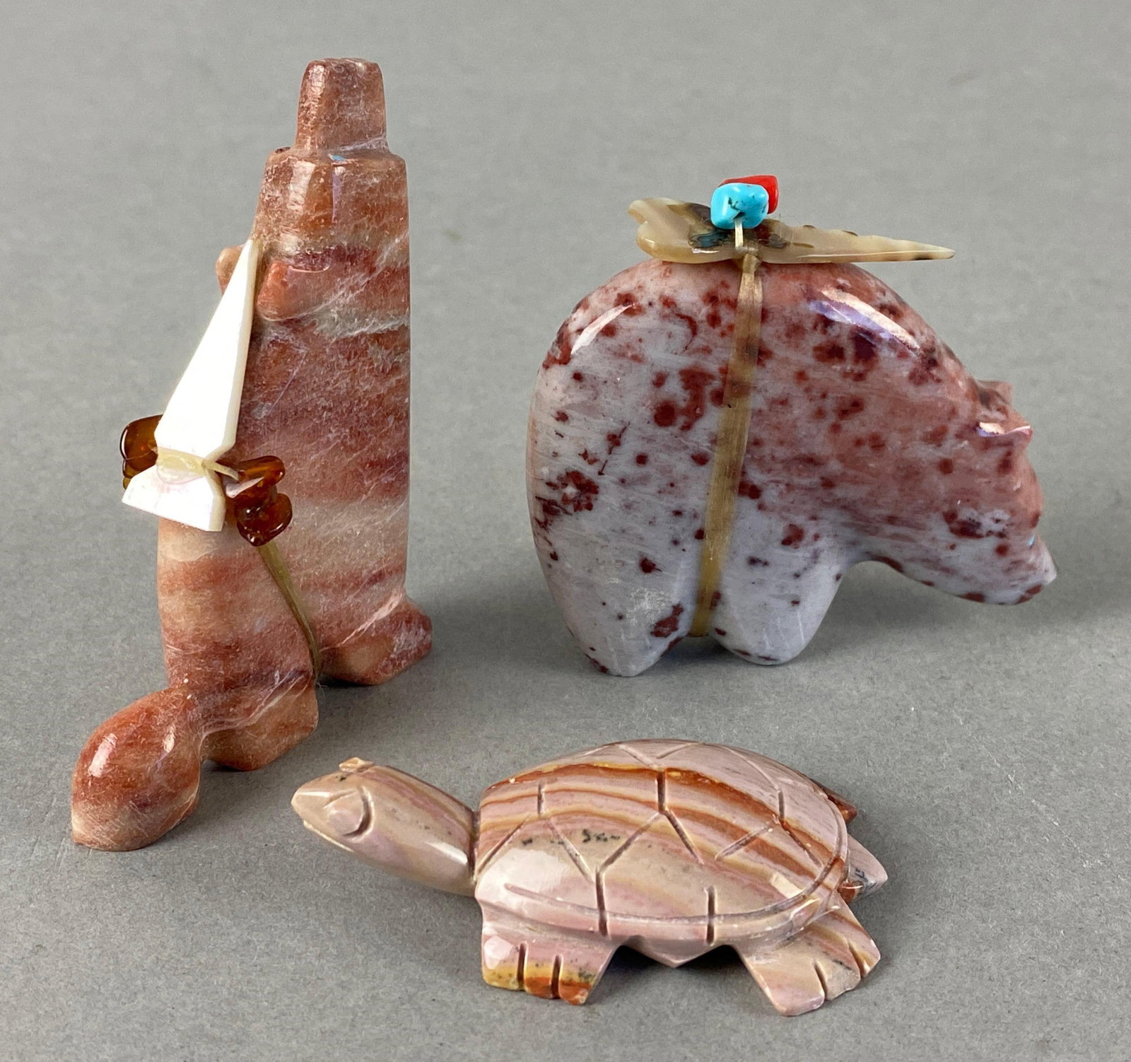 Group of Antique Carved Wander Stone Jasper Animal Fetishes: Total of 3 items, one crafted by Terrence Martha. Bear measures 1/2 x 2 1/2 x 2 1/2 inches.