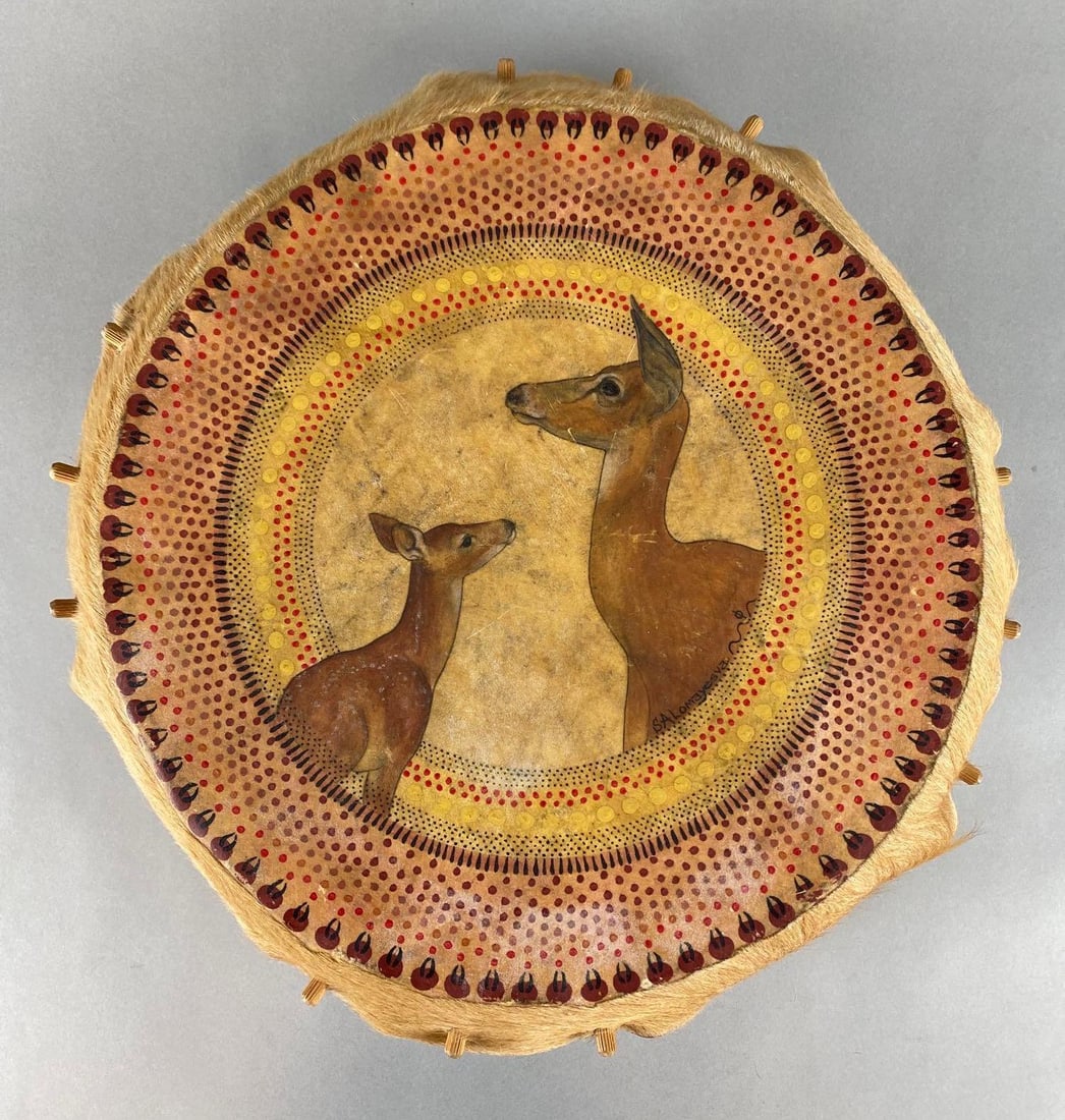 Navajo Native American Painted Deer Hide Ceremonial Drum: S.A. Lomayesva, Artists signature along bottom right edge, From 4 Corners Reservation, Measures 5 x 17 x 17 inches.