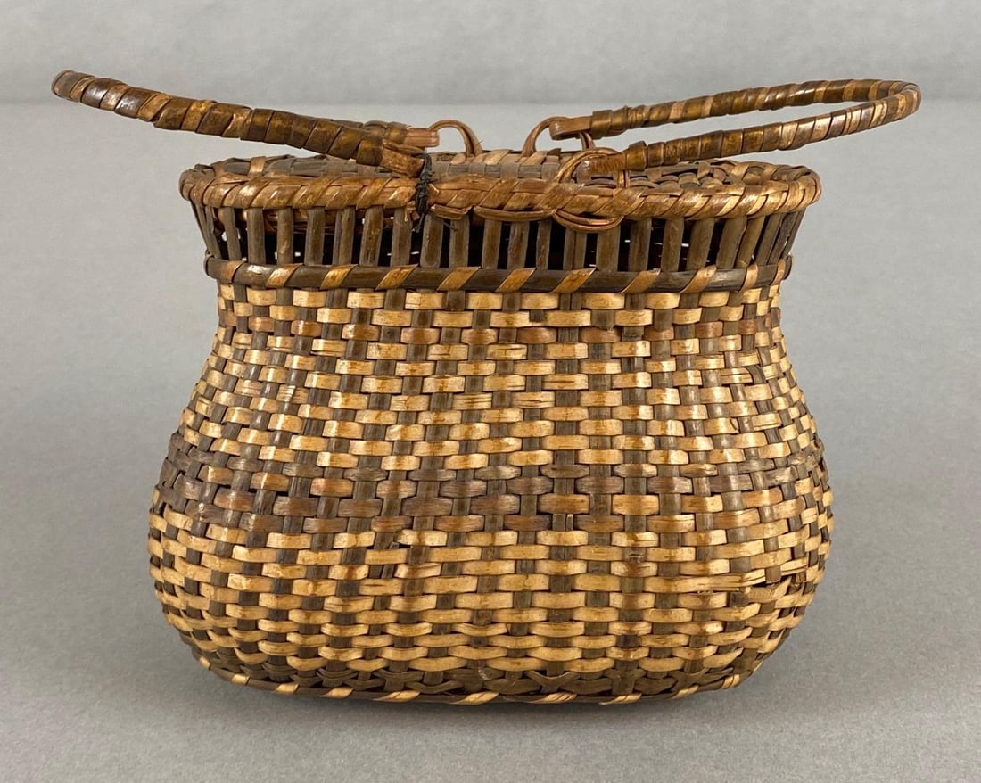 Miniature Native American Covered Basket: With 2 handles, one handle hinge point replaced, Measures 3 3/4 x 5 x 2 1/2 inches.