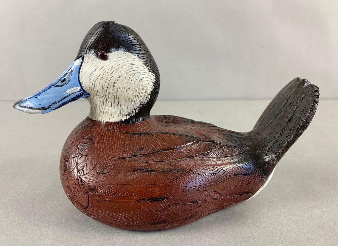 2003 Wayne E Hish Wood Ruddy Duck Decoy: Measures 6 x 9 x 5 inches.