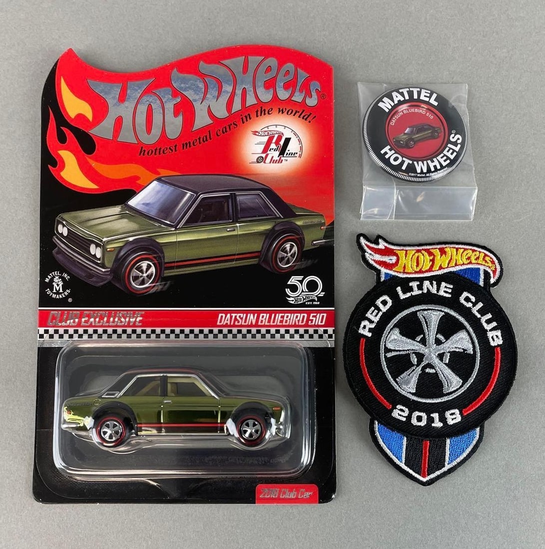 Hot Wheels Red Line Club Datsun Bluebird 510 Die-Cast Car: Mattel. Includes badge and 2018 patch. Red Line Tires. Original packaging