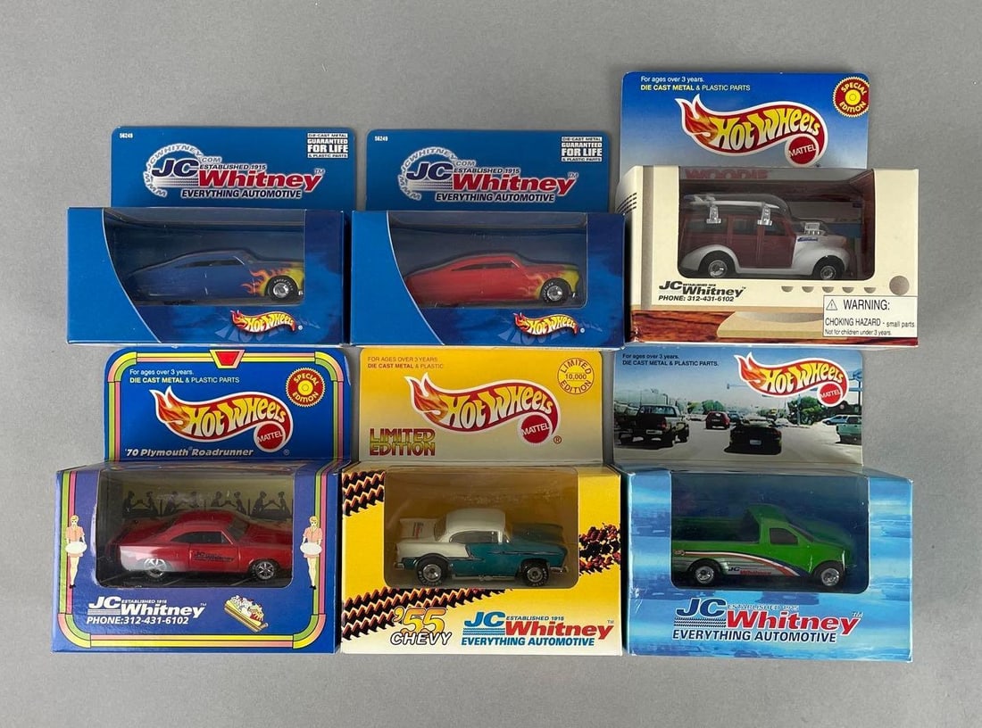 Group of 6 Mattel Hot Wheels JC Whitney Die-Cast Vehicles: Includes 70 Plymouth roadrunner, 55 Chevy, 40s woodie, and more. Original packaging